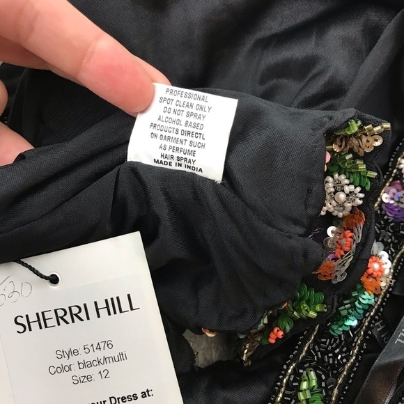 SHERRI HILL Black Two Piece Beaded Halter Top Floral Fringe Skirt Size 12 51476 - Picture 9 of 16